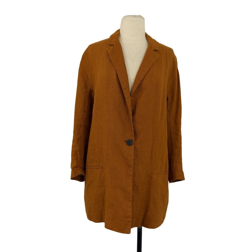 Zara Linen Blazer Jacket Sz M Terracotta Rust Brown Single Button Casual Career